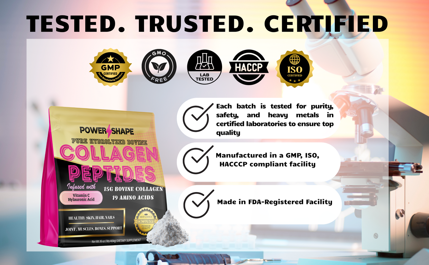 Power Shape Hydrolyzed Bovine Collagen Peptides | Type I & III | With Vitamin C & Hyaluronic Acid | 1lb