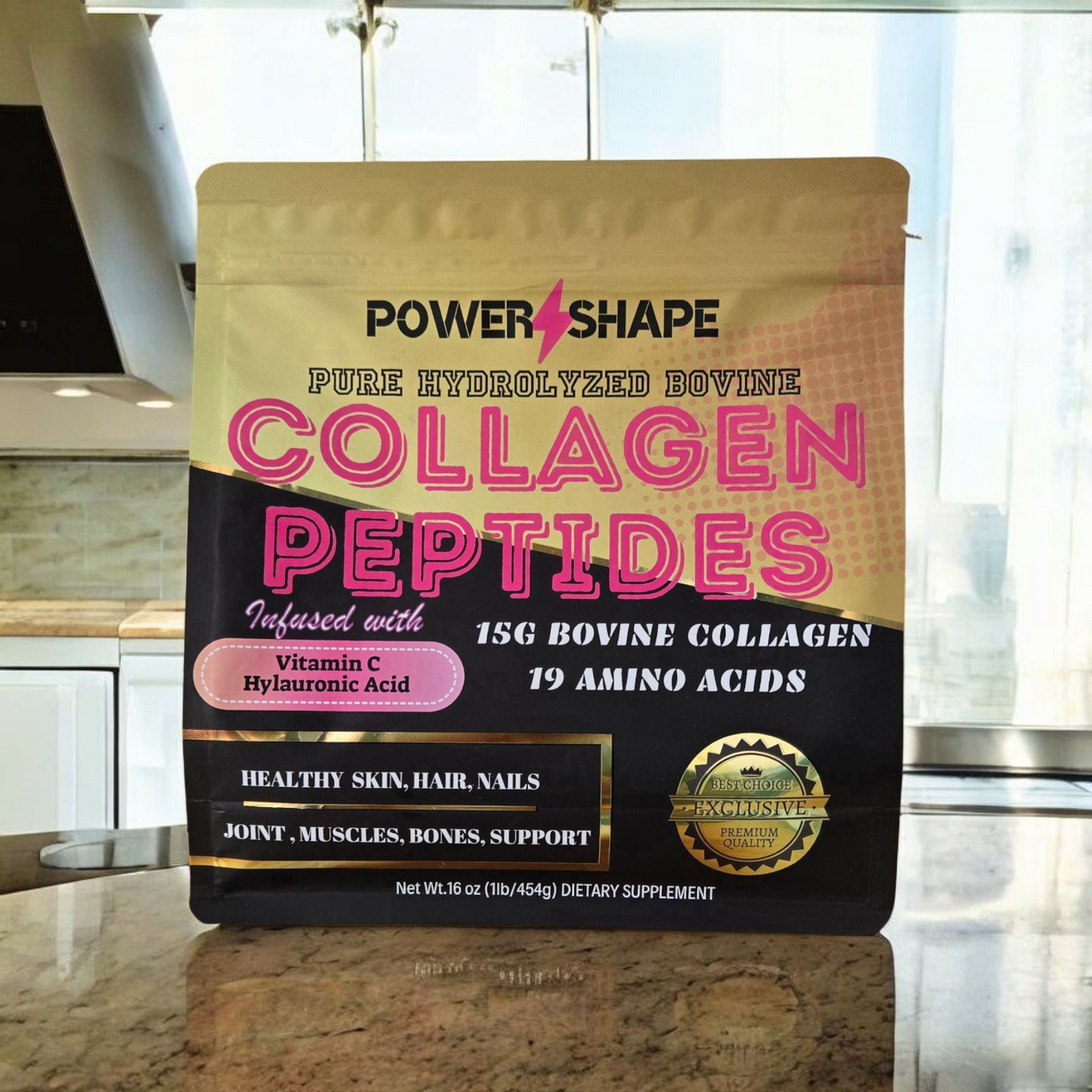 Power Shape Hydrolyzed Bovine Collagen Peptides | Type I & III | With Vitamin C & Hyaluronic Acid | 1lb