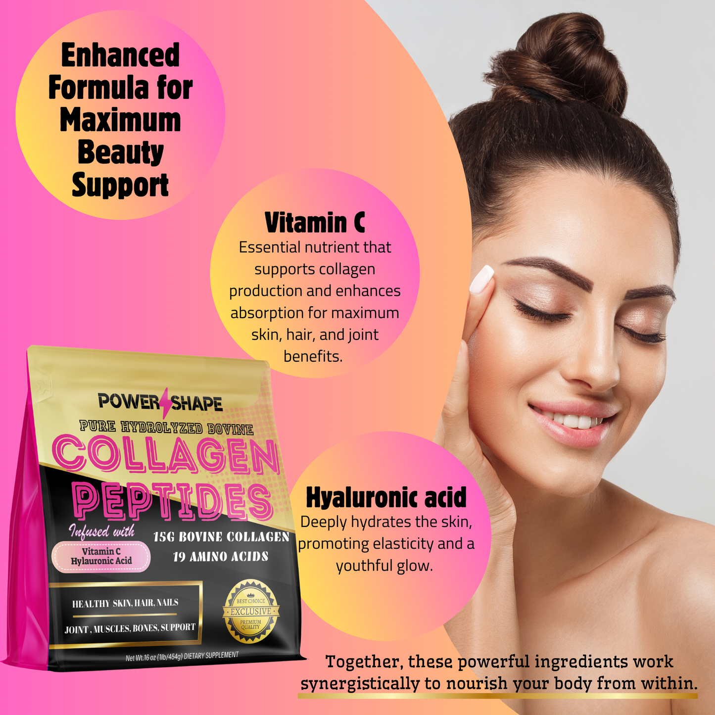 Power Shape Hydrolyzed Bovine Collagen Peptides | Type I & III | With Vitamin C & Hyaluronic Acid | 1lb