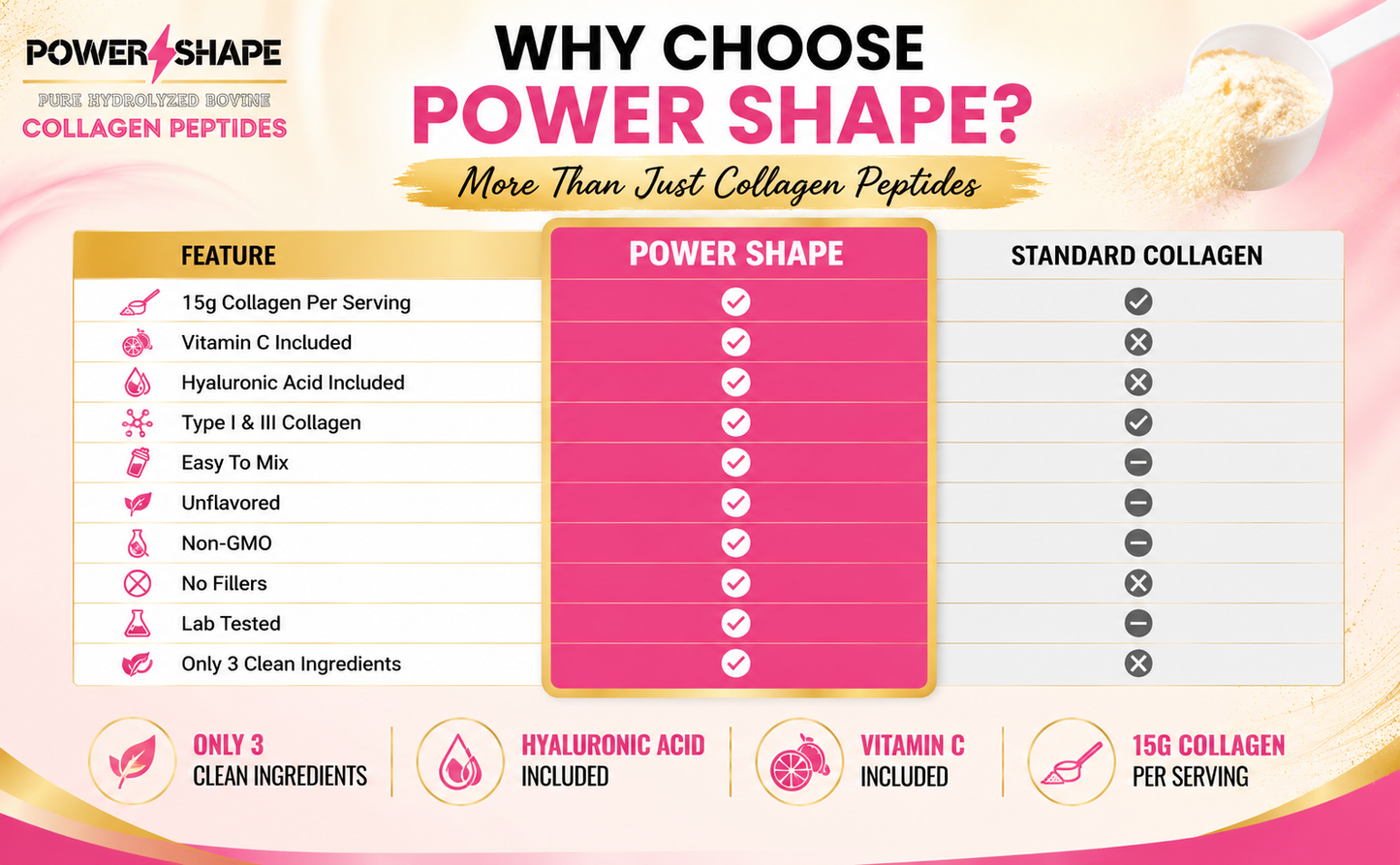 Power Shape Hydrolyzed Bovine Collagen Peptides | Type I & III | With Vitamin C & Hyaluronic Acid | 1lb