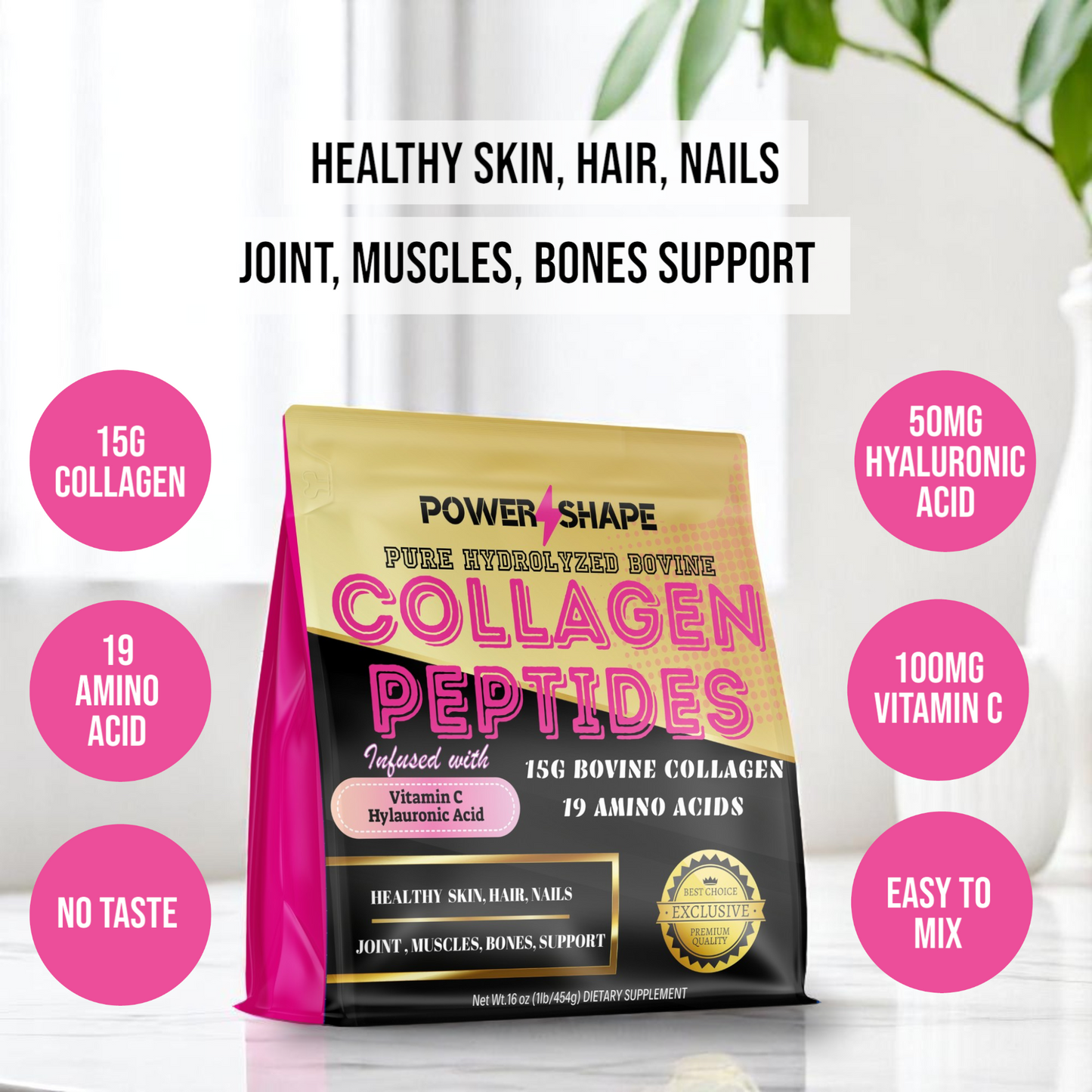 Power Shape Hydrolyzed Bovine Collagen Peptides | Type I & III | With Vitamin C & Hyaluronic Acid | 1lb