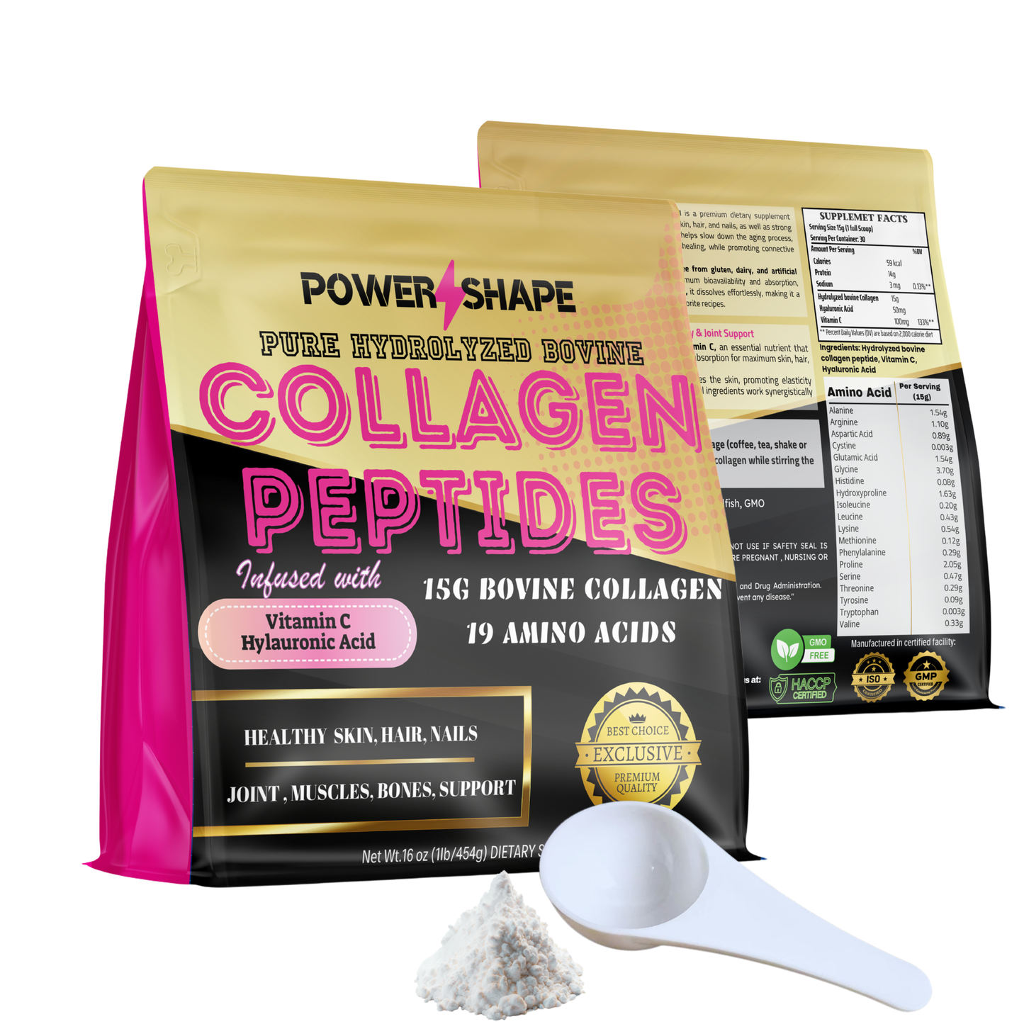 Power Shape Hydrolyzed Bovine Collagen Peptides | Type I & III | With Vitamin C & Hyaluronic Acid | 1lb