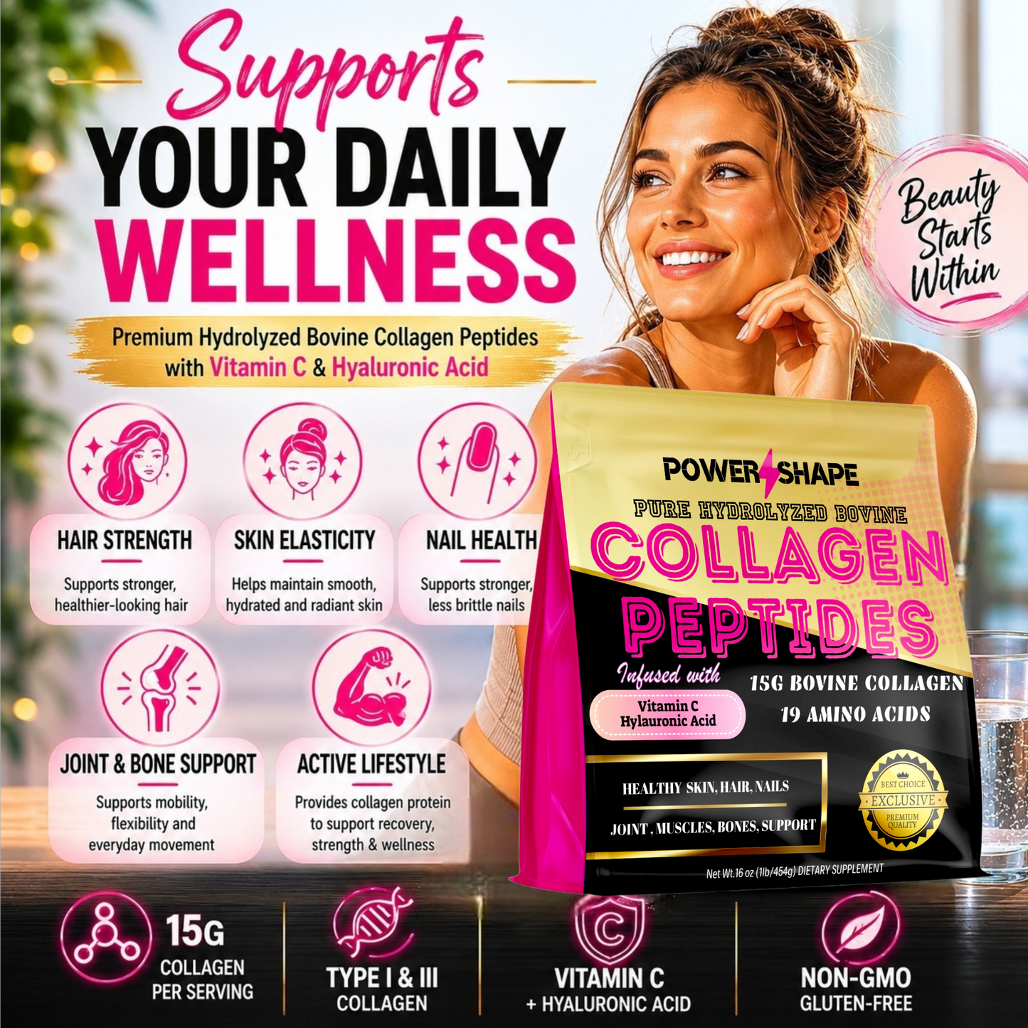 Power Shape Hydrolyzed Bovine Collagen Peptides | Type I & III | With Vitamin C & Hyaluronic Acid | 1lb
