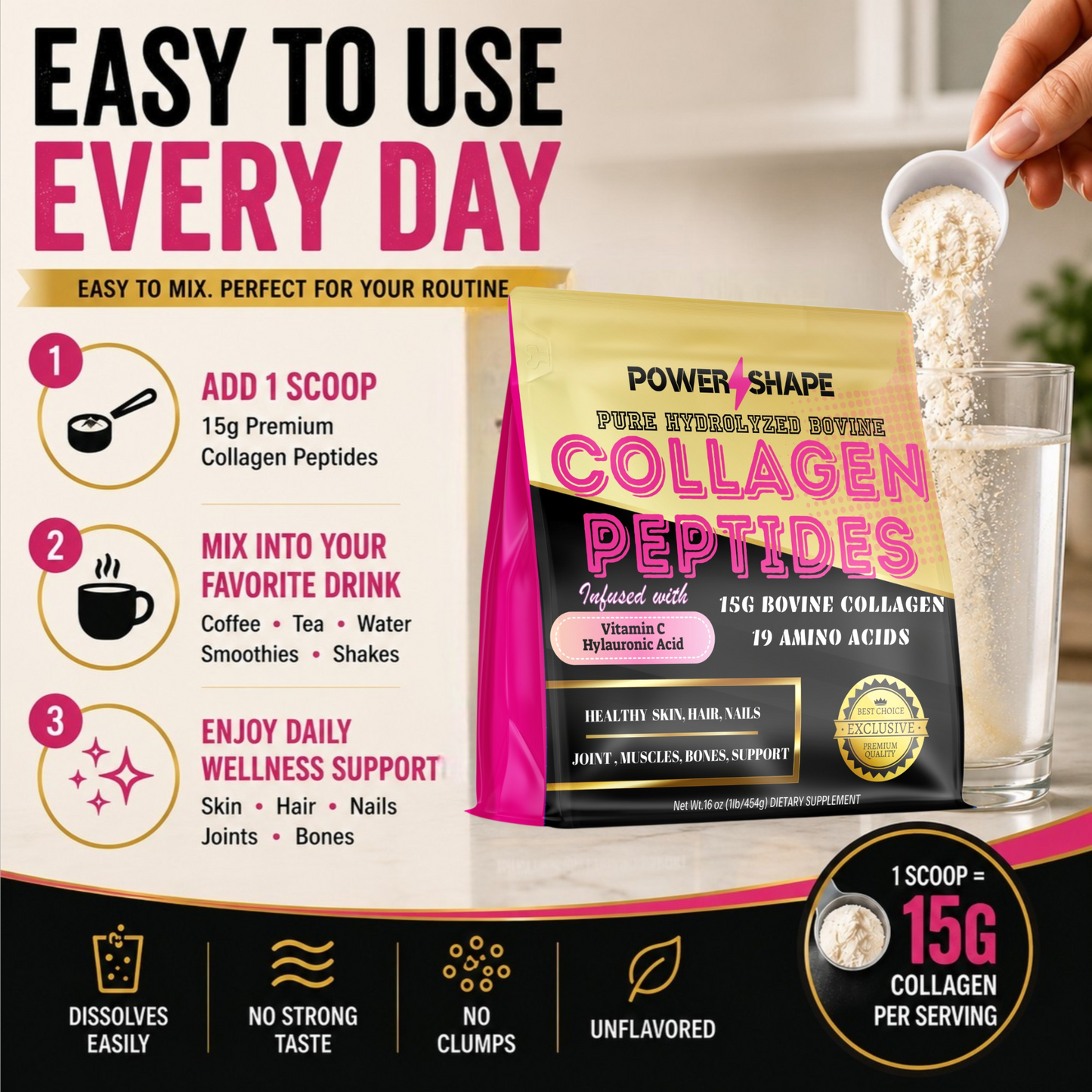 Power Shape Hydrolyzed Bovine Collagen Peptides | Type I & III | With Vitamin C & Hyaluronic Acid | 1lb