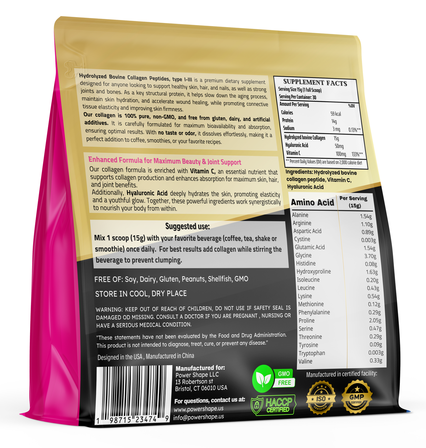 Power Shape Hydrolyzed Bovine Collagen Peptides | Type I & III | With Vitamin C & Hyaluronic Acid | 1lb