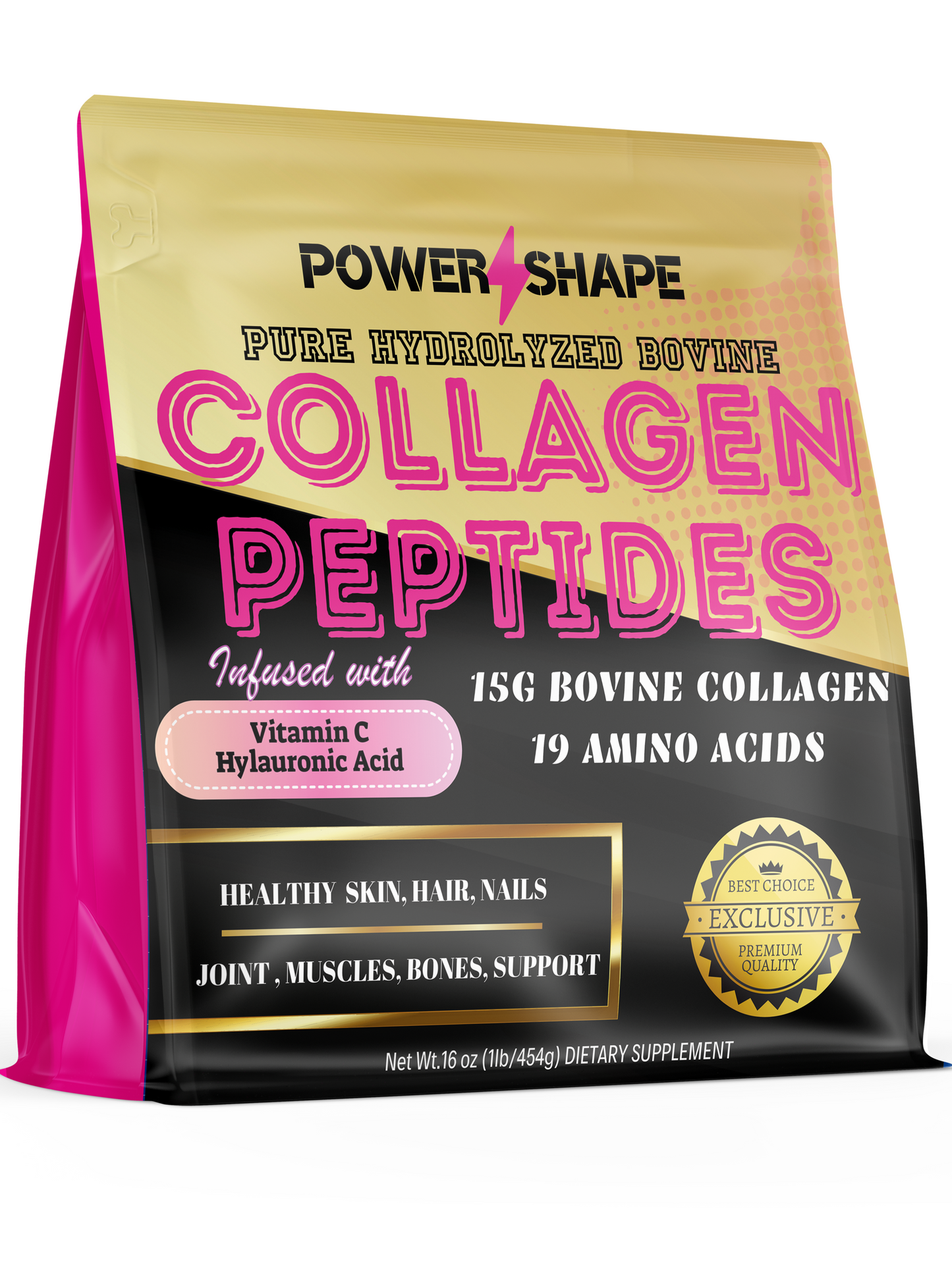 Power Shape Hydrolyzed Bovine Collagen Peptides | Type I & III | With Vitamin C & Hyaluronic Acid | 1lb