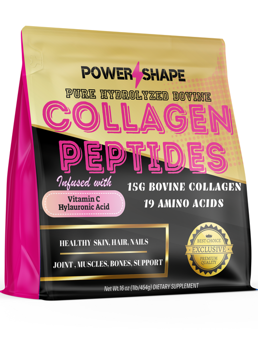 Power Shape Hydrolyzed Bovine Collagen Peptides | Type I & III | With Vitamin C & Hyaluronic Acid | 1lb